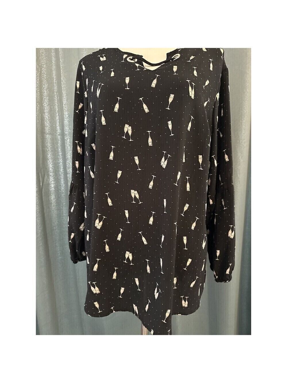 roz ali Black Pink Champagne Flute Peasant Balloon Sleeve Top 1X